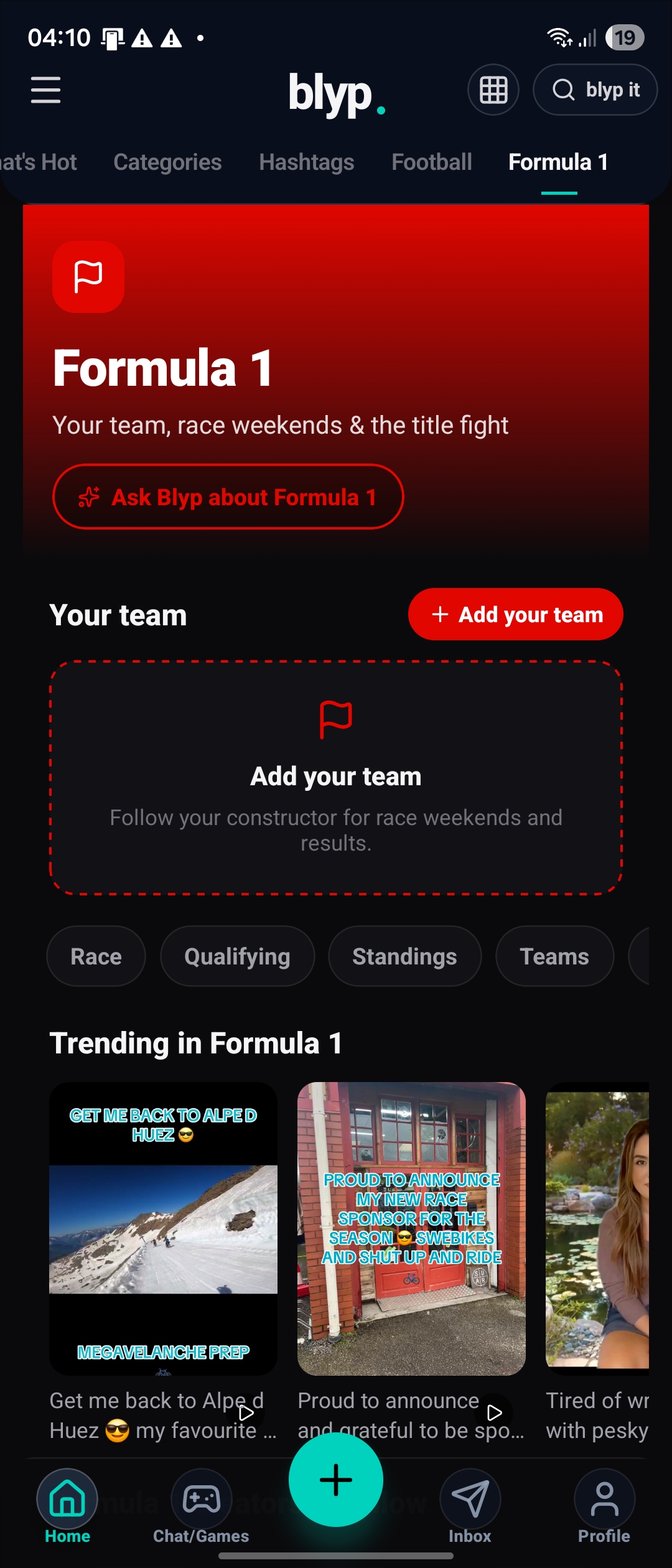 Formula 1 topic page with race weekends and standings